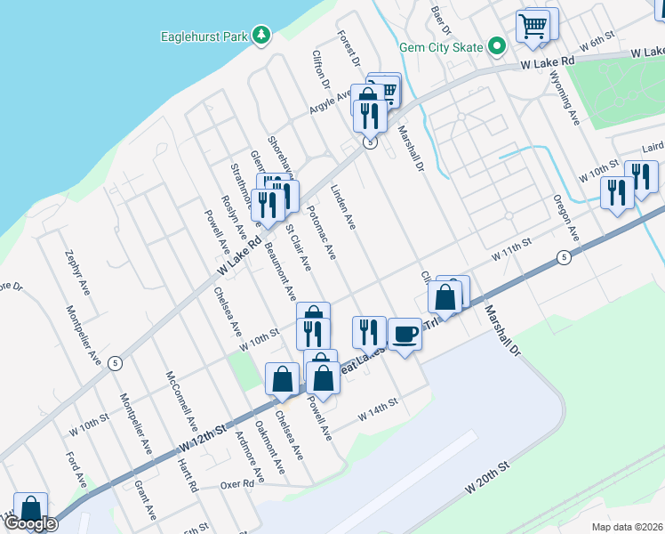 map of restaurants, bars, coffee shops, grocery stores, and more near 902 Potomac Avenue in Erie