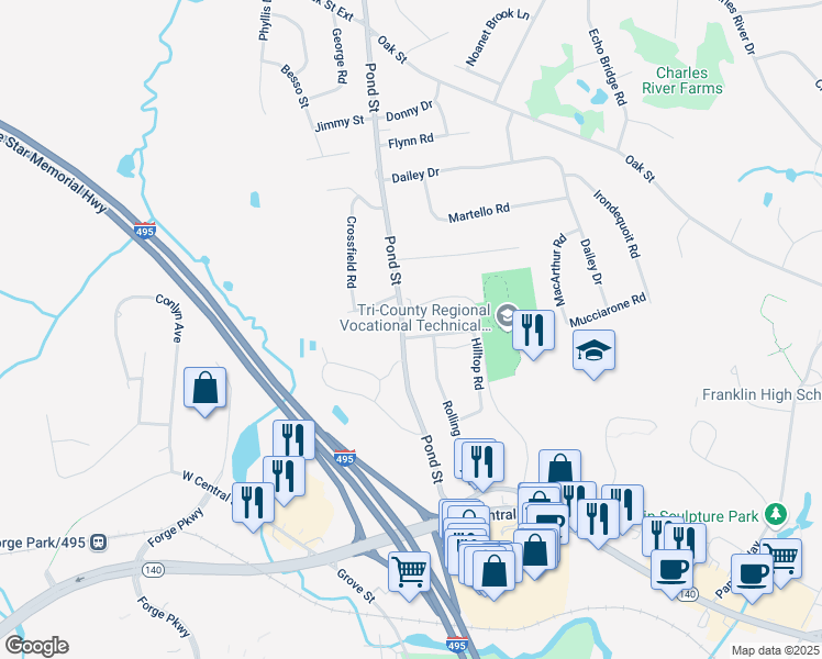 map of restaurants, bars, coffee shops, grocery stores, and more near 145 Pond Street in Franklin