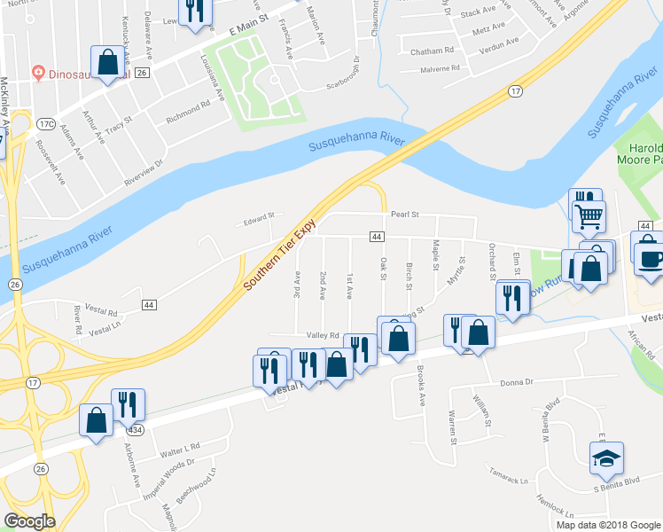 map of restaurants, bars, coffee shops, grocery stores, and more near 368 2nd Avenue in Vestal