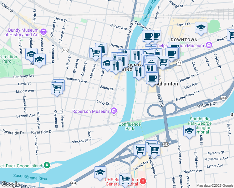 map of restaurants, bars, coffee shops, grocery stores, and more near 62 Front Street in Binghamton