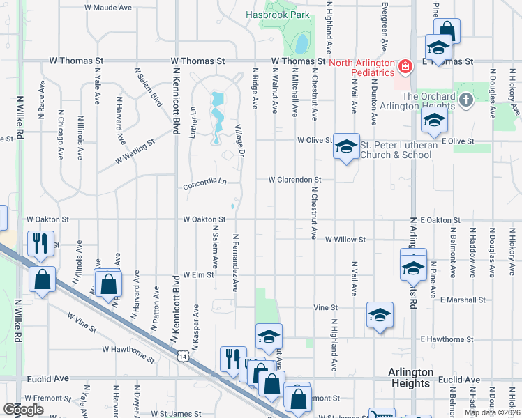 map of restaurants, bars, coffee shops, grocery stores, and more near 1103 North Ridge Avenue in Arlington Heights