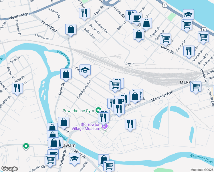map of restaurants, bars, coffee shops, grocery stores, and more near 158 Bosworth Street in West Springfield