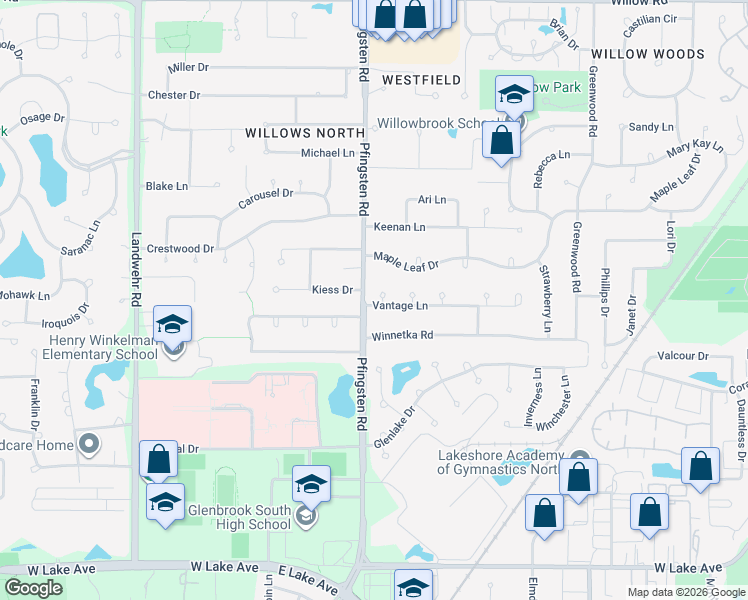 map of restaurants, bars, coffee shops, grocery stores, and more near 3728 Vantage Lane in Glenview