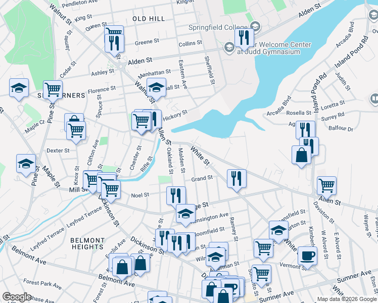 map of restaurants, bars, coffee shops, grocery stores, and more near 26 White Street in Springfield