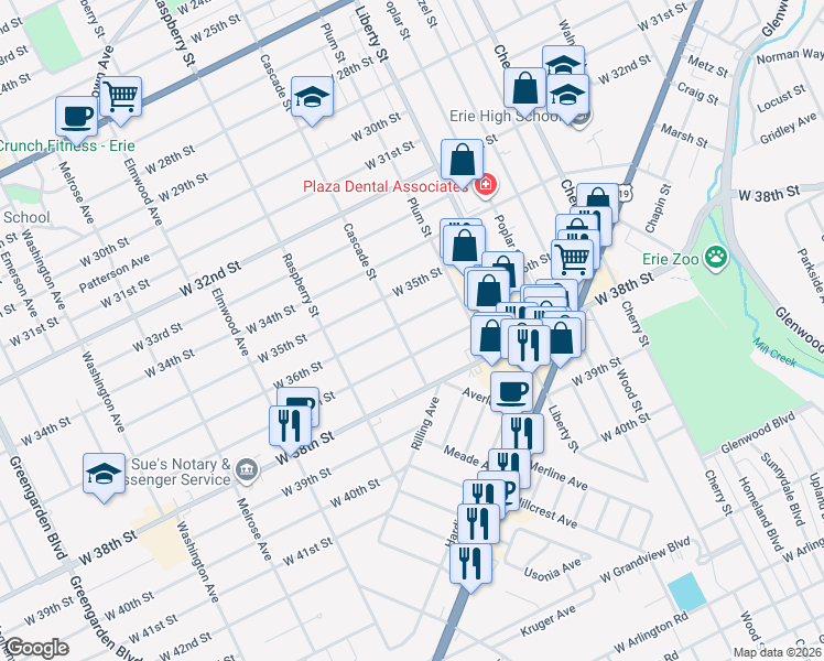 map of restaurants, bars, coffee shops, grocery stores, and more near 952 West 37th Street in Erie