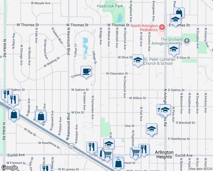 map of restaurants, bars, coffee shops, grocery stores, and more near 1103 North Ridge Avenue in Arlington Heights
