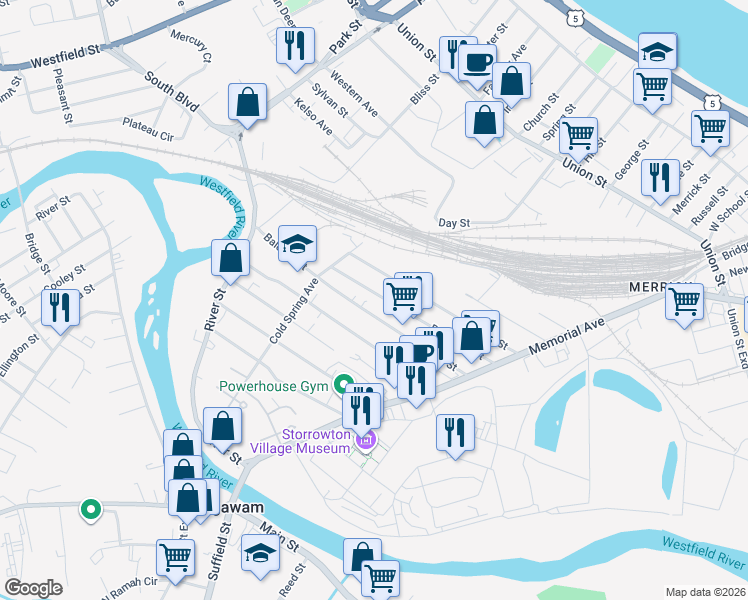 map of restaurants, bars, coffee shops, grocery stores, and more near 158 Bosworth Street in West Springfield