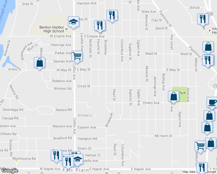 map of restaurants, bars, coffee shops, grocery stores, and more near 1213 Broadway in Benton Harbor