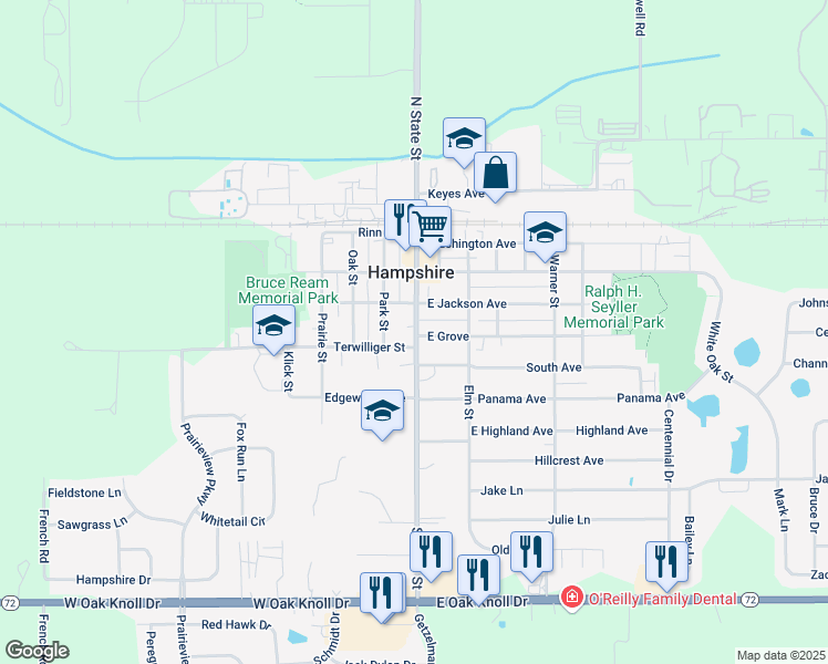 map of restaurants, bars, coffee shops, grocery stores, and more near 370 County Highway 36 in Hampshire