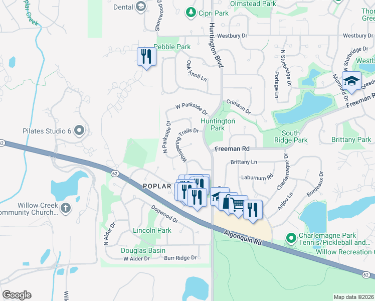 map of restaurants, bars, coffee shops, grocery stores, and more near 3995 Whispering Trails Court in Hoffman Estates