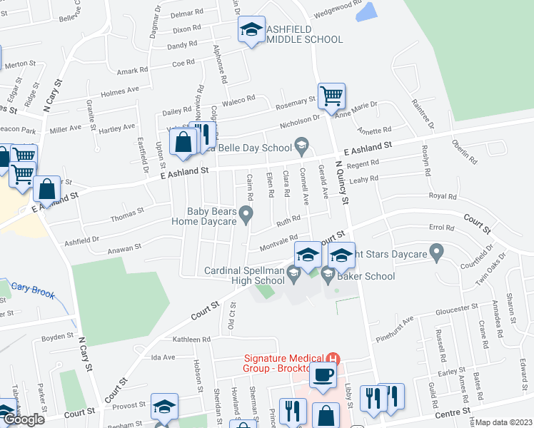 map of restaurants, bars, coffee shops, grocery stores, and more near 14 Ellen Road in Brockton