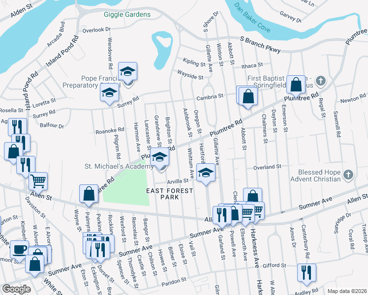 map of restaurants, bars, coffee shops, grocery stores, and more near 283 Plumtree Road in Springfield
