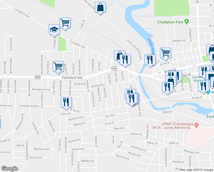 map of restaurants, bars, coffee shops, grocery stores, and more near 100 Cook Avenue in Jamestown
