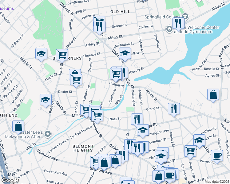 map of restaurants, bars, coffee shops, grocery stores, and more near 27 Chester Street in Springfield