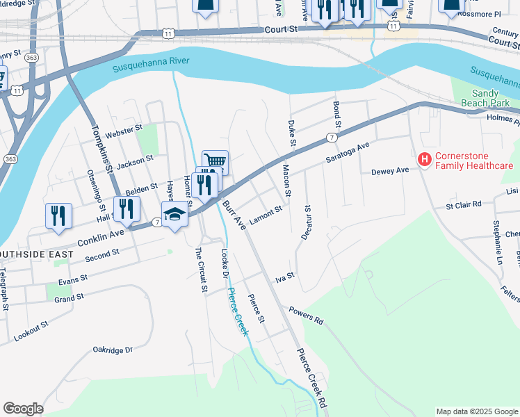 map of restaurants, bars, coffee shops, grocery stores, and more near 4 Thompson Street in Binghamton