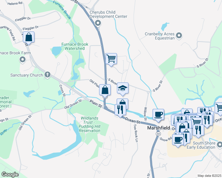 map of restaurants, bars, coffee shops, grocery stores, and more near 58 Main Street in Marshfield