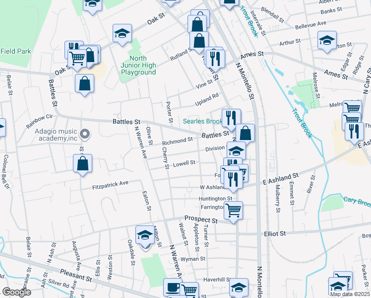 map of restaurants, bars, coffee shops, grocery stores, and more near 89 Division Street in Brockton