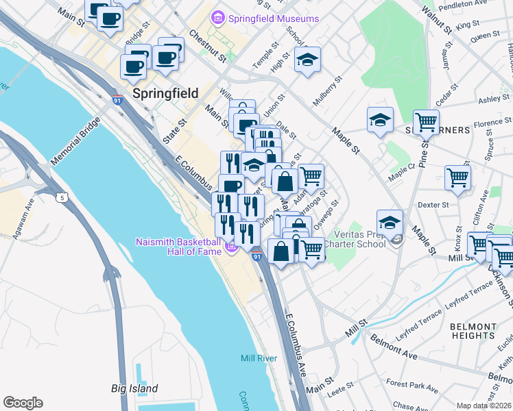 map of restaurants, bars, coffee shops, grocery stores, and more near 40 Fremont Street in Springfield