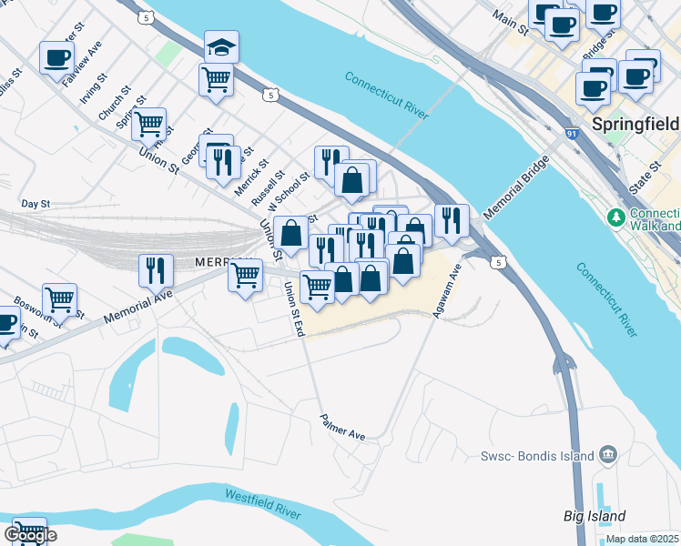 map of restaurants, bars, coffee shops, grocery stores, and more near 261-345 Memorial Ave in West Springfield