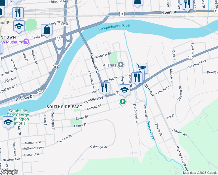 map of restaurants, bars, coffee shops, grocery stores, and more near 65 Tompkins Street in Binghamton
