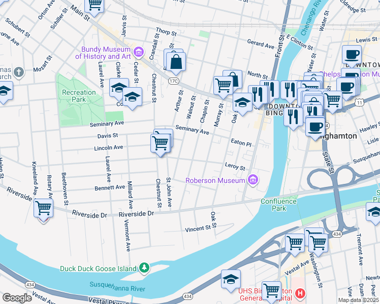 map of restaurants, bars, coffee shops, grocery stores, and more near 48 1/2 Leroy Street in Binghamton