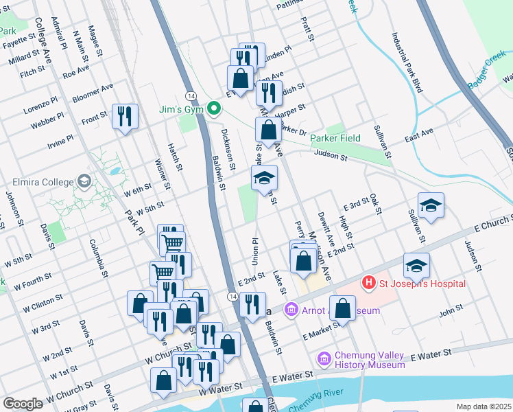 map of restaurants, bars, coffee shops, grocery stores, and more near in Elmira