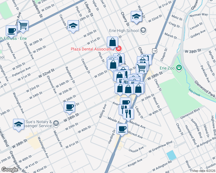 map of restaurants, bars, coffee shops, grocery stores, and more near 910-914 W 37th St in Erie