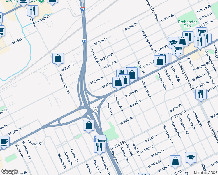 map of restaurants, bars, coffee shops, grocery stores, and more near 2517 Rudolph Avenue in Erie