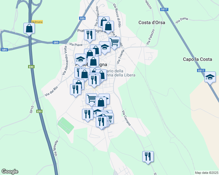 map of restaurants, bars, coffee shops, grocery stores, and more near 6 Via Venezia in Pratola Peligna