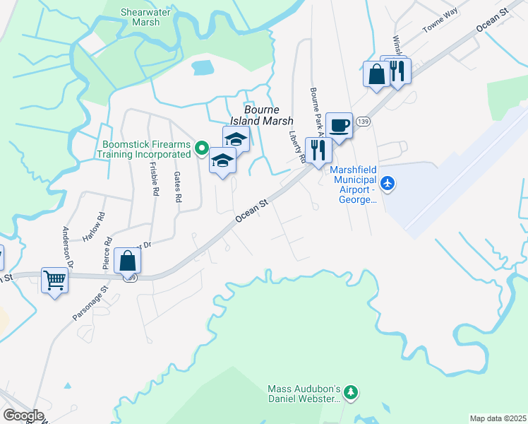 map of restaurants, bars, coffee shops, grocery stores, and more near 1423 Ocean Street in Marshfield