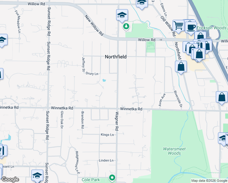map of restaurants, bars, coffee shops, grocery stores, and more near 164 Wagner Road in Northfield