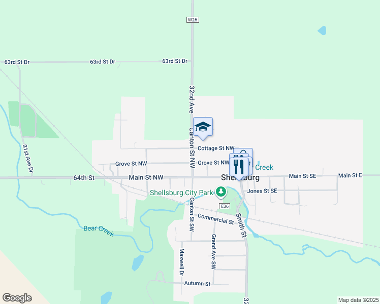 map of restaurants, bars, coffee shops, grocery stores, and more near 204 Canton Street Northwest in Shellsburg