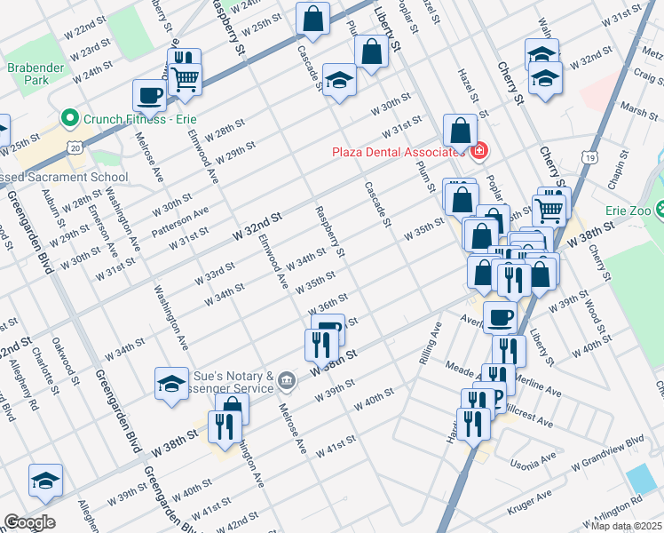 map of restaurants, bars, coffee shops, grocery stores, and more near 1114 W 35th St in Erie