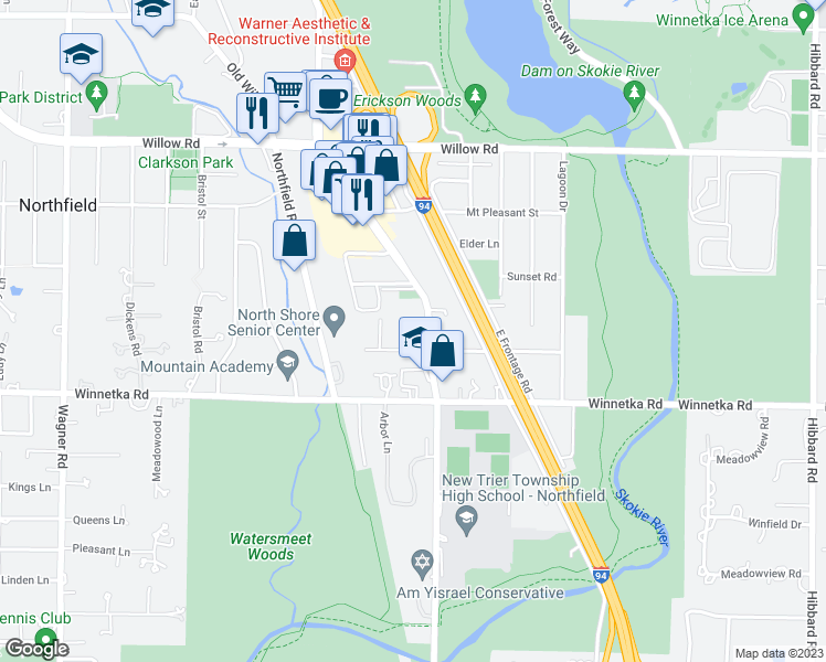 map of restaurants, bars, coffee shops, grocery stores, and more near 1708 Colonial Lane in Northfield