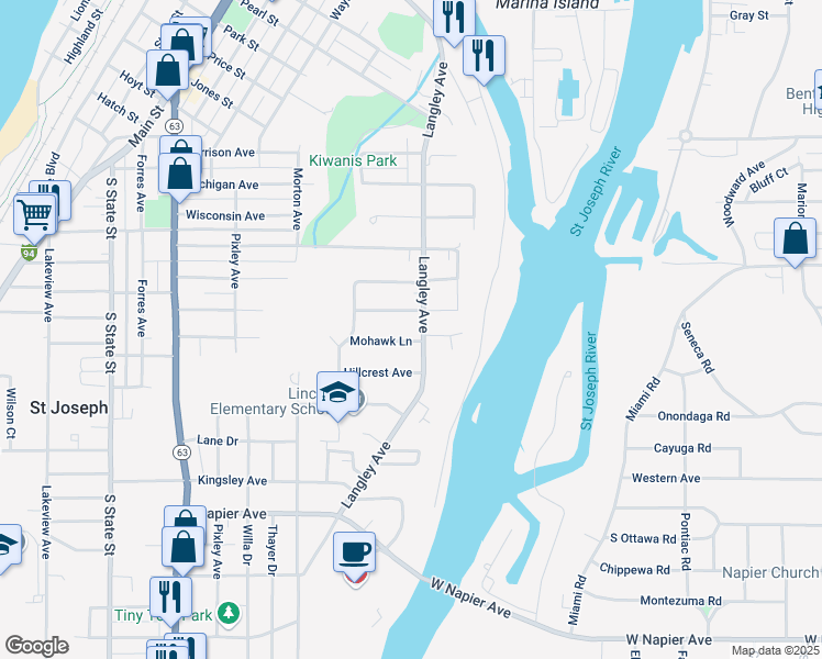 map of restaurants, bars, coffee shops, grocery stores, and more near 1223 Mohawk Lane in St. Joseph