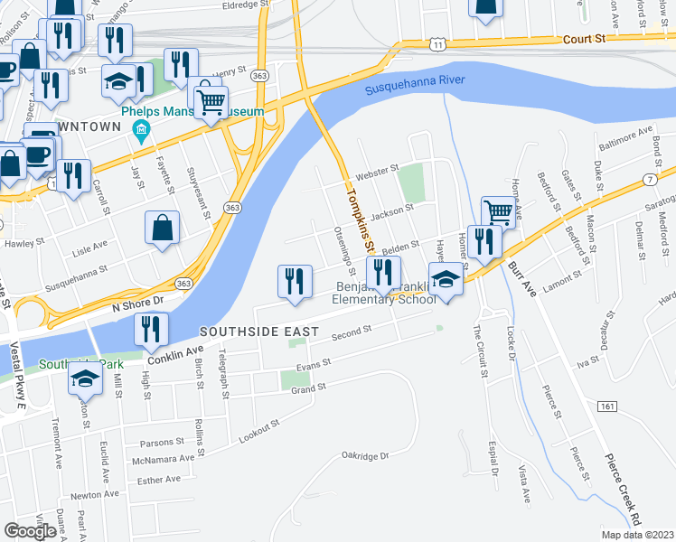 map of restaurants, bars, coffee shops, grocery stores, and more near 22 Belden Street in Binghamton