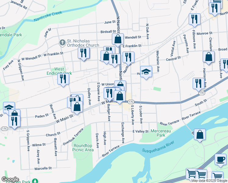 map of restaurants, bars, coffee shops, grocery stores, and more near 108 Day Pl in Endicott