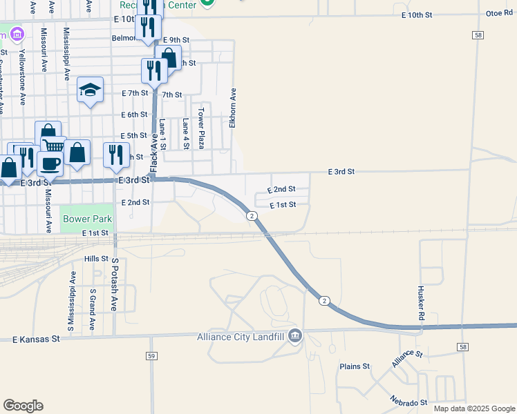 map of restaurants, bars, coffee shops, grocery stores, and more near 1400 East 1st Street in Alliance