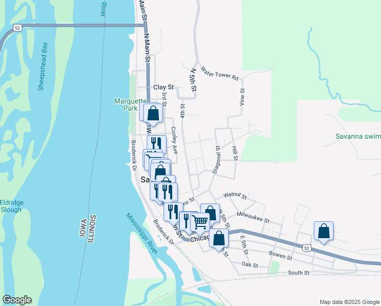 map of restaurants, bars, coffee shops, grocery stores, and more near 501-599 4th Street in Savanna
