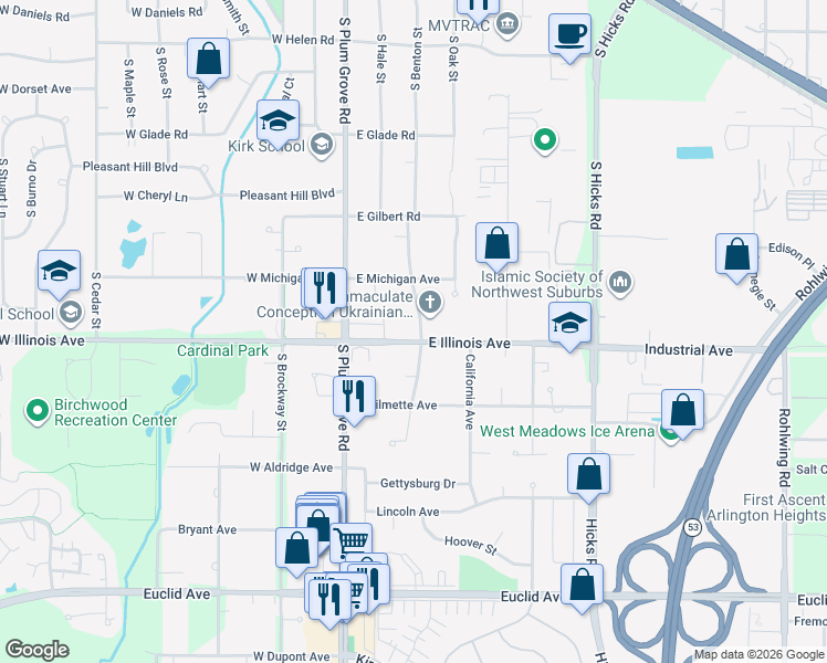 map of restaurants, bars, coffee shops, grocery stores, and more near 778 South Benton Street in Palatine