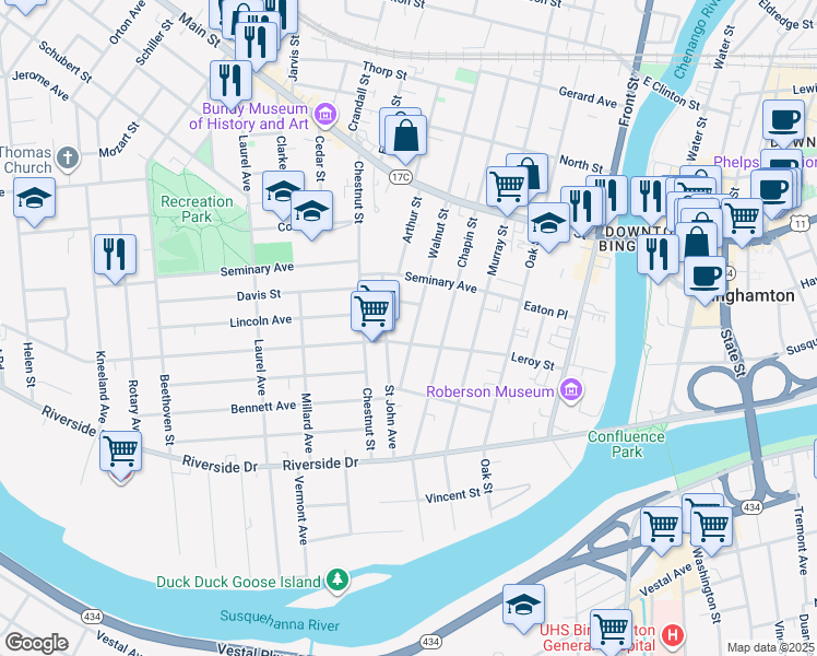 map of restaurants, bars, coffee shops, grocery stores, and more near 23 Walnut Street in Binghamton