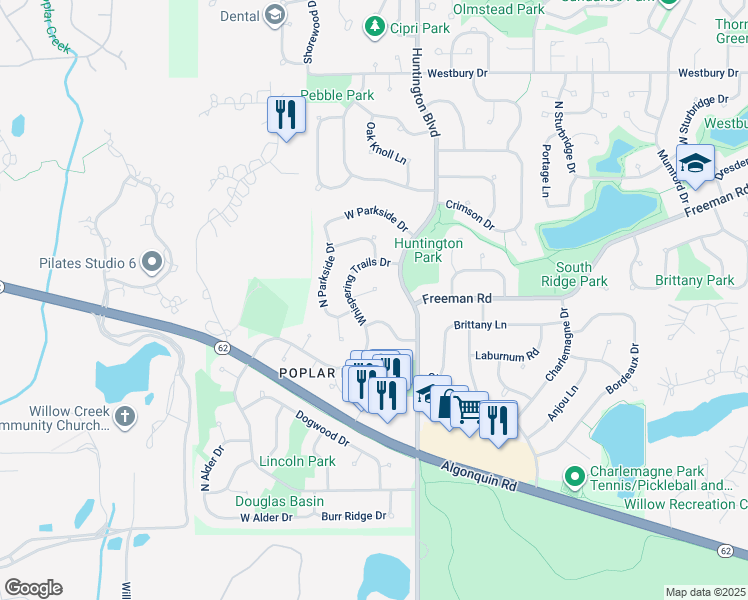 map of restaurants, bars, coffee shops, grocery stores, and more near 3995 Whispering Trails Court in Hoffman Estates
