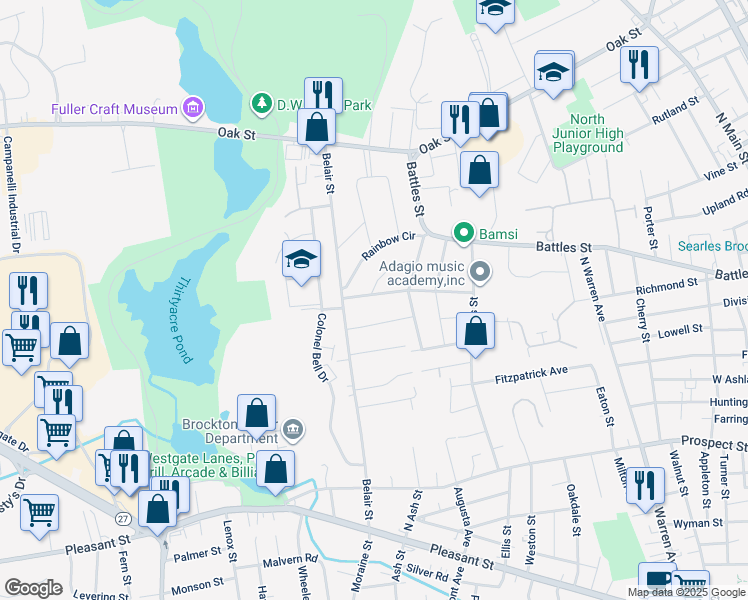 map of restaurants, bars, coffee shops, grocery stores, and more near 90 Crickett Road in Brockton