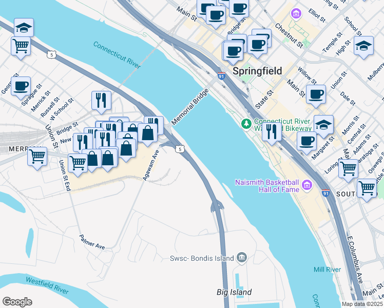 map of restaurants, bars, coffee shops, grocery stores, and more near 15 Agawam Avenue in West Springfield