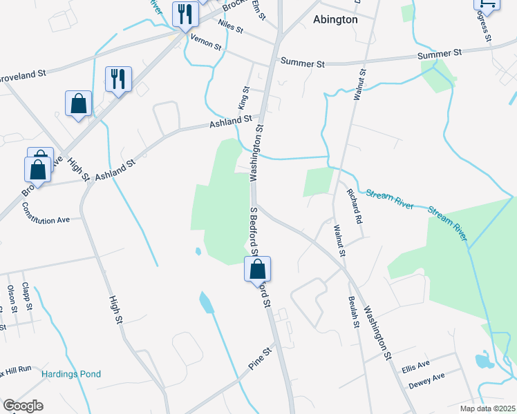 map of restaurants, bars, coffee shops, grocery stores, and more near 98 Washington Street in Abington