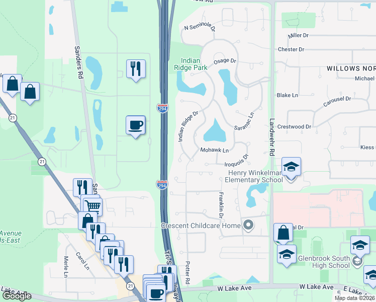 map of restaurants, bars, coffee shops, grocery stores, and more near 2305 Indian Ridge Drive in Glenview