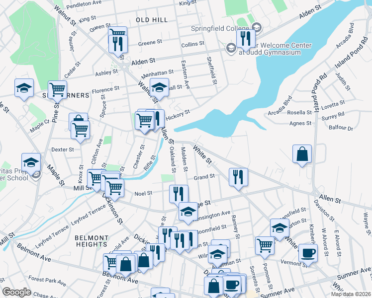map of restaurants, bars, coffee shops, grocery stores, and more near 20-22 Malden Street in Springfield