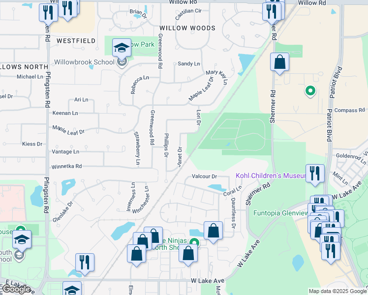 map of restaurants, bars, coffee shops, grocery stores, and more near 2231 Janet Drive in Glenview
