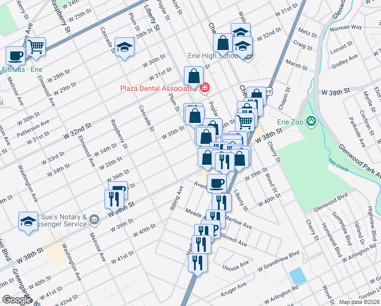 map of restaurants, bars, coffee shops, grocery stores, and more near 914 West 37th Street in Erie