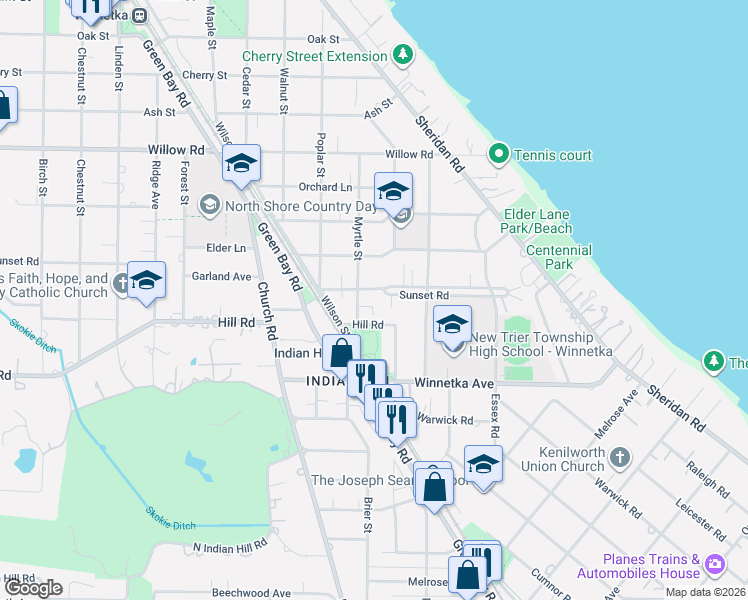 map of restaurants, bars, coffee shops, grocery stores, and more near 185 Myrtle Street in Winnetka